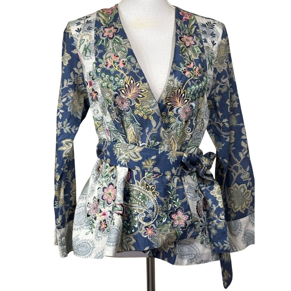 ETHNC Belted Wrap Top Small Floral Paisley Boho Artsy Kimono Asian Inspired